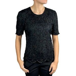 VINTAGE 90S SILK BEADED FLORAL SHORT SLEEVE SCALLOPED EVENING TOP ROYAL FEELINGS